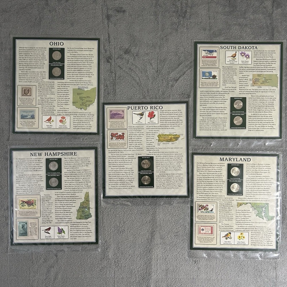 U.S. State & Territory Quarters + Stamps – 5 Pages OH MD NH SD PR Lot - Picture 2 of 12